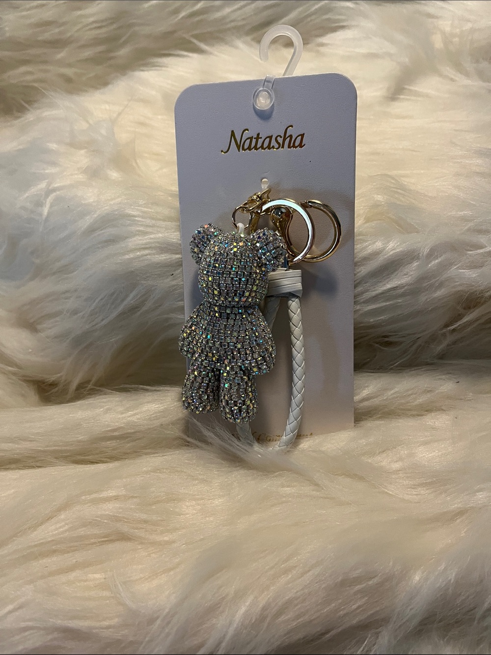 Natasha Couture Crystal Teddy Keychain with White Braided Strap